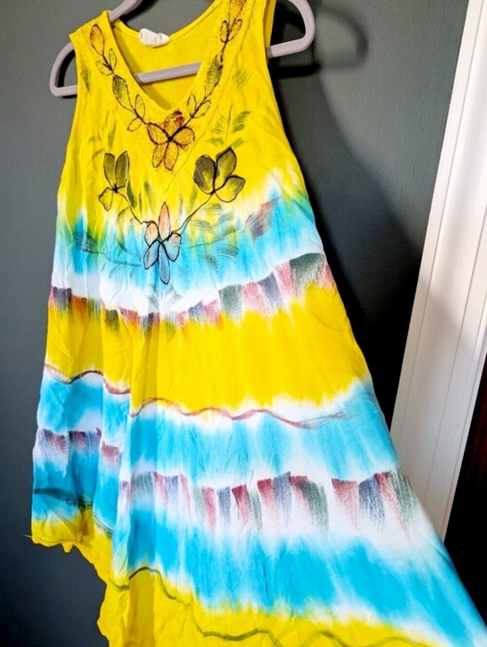 Yellow & Blue Floral Tie-Dye Sleeveless Women’s Dress One Size💛 - Picture 2 of 4